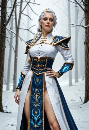 CAMERA, (medium shot), (from below), QUALITY, (photorealistic, ultra-detailed, cinematic fantasy portrait:1.3), CHARACTER, (battle-ready frost mage inspired by Jaina Proudmoore from World of Warcraft:1.3), (fair-skinned woman:1.1), (soft youthful face), (mid-20s appearance), (smooth natural skin), FACE, ((signature face)), ((recurring facial identity)), ((consistently the same face)), (young human woman, mid-20s), (soft feminine facial structure), (oval face shape), (soft jawline and cheeks), (narrow chin), (warm blue eyes, medium size, almond-shaped), straight nose, feminine proportions, (natural lips, medium fullness), (realistic human face), HAIR, ((signature hairstyle)), ((recurring hairstyle design)), ((consistently the same hairstyle)), ((white hair as the primary color)), (single blonde streak framing the front of her face), (streak fixed in position and clearly distinct from the rest of the hair), (hair pulled back tightly from the face), voluminous swept-back front section, hair gathered and secured at the crown, (single thick structured braid trailing behind her), (braid originates from the back of the head), clean, controlled fantasy hairstyle, OUTFIT, ((fully clothed)), ((wearing her signature Kul Tiras mage robe)), ((signature outfit, Kul Tiras mage robe)), ((recurring outfit design)), ((consistently wearing the same Kul Tiras mage robe)), (white fitted corset-style naval mage robe), (white, blue and gold color scheme), (white fitted bodice with vertical buttons), long blue over-robe with gold trim, (open-front robe design over a corset bodice), (light decorative shoulder trim on her left shoulder), leather belt and utility straps, streamlined silhouette

BODY, (Large round ass), natural b-cup breasts, natural breasts, perky breasts, perky nipples, athletic body, toned legs, POSE, (standing in a sexy pose with her hand on her hip:1.2), (conjuring magic frost spell with her hands:1.5), (LOCATION:1), (standing in a snow-covered forest), (snowing), dense evergreen forest stretching into the distance, tall pine trees heavy with snow, (snow-covered ground), (faint snowfall drifting through the air), (light winter mist between trees), cold, quiet, muted winter environment, STYLE
cinematic lighting, soft rim light with cool highlights, ultra-realistic skin texture with natural pores, high-detail fabric stitching, shallow depth of field, fantasy realism, high-quality cinematic still