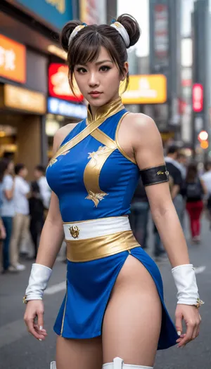Somewhere in the cosplay area of ​​Harajuku and Akihabara, at a cosplay event, a sexy woman, rendered in realistic and detailed CGI as Chun-Li from the Street Fighter series, is depicted in a dynamic pose. She wears the iconic blue and gold qipao with a white belt, white knee-high boots, and black spiked wristbands. Her hair is styled in two elegant buns. The dark gray background enhances her expressive appearance. The hyper-realistic style highlights her athletic physique and fierce expression., <lora:Chun-Li-Flux:.5>