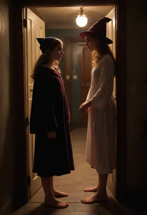 1girl, (Hermione Grainger, short, age 23), and 1boy, (Harry Potter, age 24), facing each other, Hermione is standing in the doorway, wearing a nightgown and a witch hat
