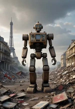 In a dystopian world, amidst towering heaps of debris and discarded metal, a friendly robot stands atop a mountain of refuse. Its metallic frame glints under the dim, polluted sky as it surveys the landscape. As the robot sifts through the debris, it uncovers a large, rectangular traffic sign, its paint chipped and worn. With a burst of joy, the robot proudly lifts the battered sign high above its head, displaying it for all to see. In the background, the single peak of the Eiffel Tower emerges from the layers of metal and waste, a silent testament to a once-vibrant Paris now buried beneath the debris. The scene is a poignant blend of resilience and decay, as the robot stands firm amidst the forgotten landscape.