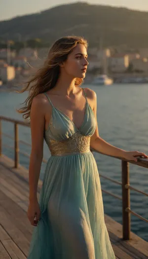 beautiful girl, long, wavy hair shimmering in shades of gold and azure, in light dress billowing in the wind, standing on the pier, admiring the beauty of the world around her and dreaming, early morning in the port of Antibes, serene harbor bathed in the soft light of the rising sun, old yachts sway on the waves, gentle breeze carries the scents of the sea and fresh pastries, atmosphere of morning tranquility, romance