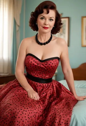 (((Classic retro Mature Woman 60 years old european lady))), (grandma:1.4), (mature:1.4), extremely elegant dress, black stockings, curvy, chubby, busty, (huge hanging and slappy breasts:1), big belly with stretch marks and flap, tanned skin with moles an freckles, tan marks, dark burgundy bob hair, bedroom, sitting on bed, masturbating, creampie, detailed background, (((insanely realistic textures))), (((photorealistic))), (((insanely detailed textures))), (1950s retro circle dress:1.9), smiling, (close:1.5), no blur, ((Ultimate realistic photo)), (((dynamic sexy pose))), (((bright sunlight))), score_9, score_8_up, score_7_up, breathtaking 8k high resolution, award-worthy image, <lora:8fcf1204-8988-4a6b-81d6-6595f4184458.TA_trained:1.1>, <lora:MJ52:1.1>