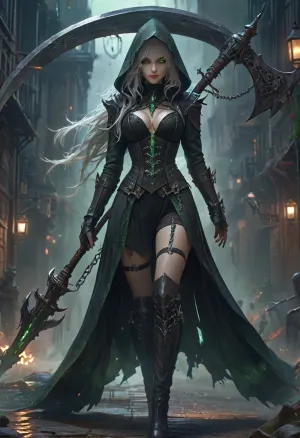 Dark nun, sexy, slender, fair skin, glowing green aura, glowing eyes, dark hood, long white hair, cleavage, big belt, elaborated leather corset, high-cut panties, thigh gap, long tunic, thigh-high boots, garter belts, thigh belts, richly decorated outfit, detailed clothes, holding big scythe, chains on scythe, walking, <lora:Dark Nun (Pony):.8>, XUER, Dark, girl, holding, scythe, <lora:绪儿 暗黑少女 XUER Dark girl:.8>, dark, aura, <lora:Dark_Aura_XL_-_Filled_with_miasma:.8>, <lora:detailed_notrigger:.8>