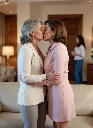 Two mature girlfriends are standing in the living room kissing and caressing each other tenderly.