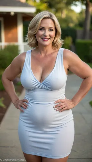 Jamie Smiles, bbw curvy milf, housewife, married, 48 years old, soft hourglass figure, wide hips, natural bust weight, rounded face, cheekbones, blonde layered bob with darker roots, expressive light blue eyes, full lips, mature woman features, white sleeveless minidress, vertical ribbed texture, plunging neckline, standing confidently, one hand on hip, smiling warmly, direct eye contact, neighborhood summer gathering, housewives in bold summer outfits chatting casually, blurred background, golden hour sunlight, cinematic lighting, candid photograph, 85mm lens, f/1.8 depth of field, raw photo, 8k resolution, photorealistic, natural skin texture, bottomheavy, big, ass, huge, gigantic, thick, thighs, massive, <lora:bottomheavy_v1_sdxl_LoRA:.8>, <lora:style_lora_realis:.8>