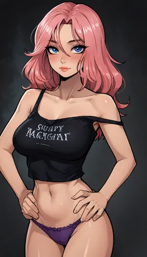 (Reiq meet markgavatino style), innv style, Milf, pink hair, (at doorframe), bimbo body, wearing black tank top off at a shoulder, and purple panties, hands on hips, flirty, (intense blushing),  high contrast, (dramatic lighting:1), ratatatat74, <lora:LCMTurboMix_Euler_A_fix:1.1>, <lora:EnvyBeautyXL02:1.9>, <lora:ratatatat74-000050:1.5>, <lora:mk_Bp Anime_xl:1.7>, <lora:hentai_anime_style_xl_v1:1.8>
