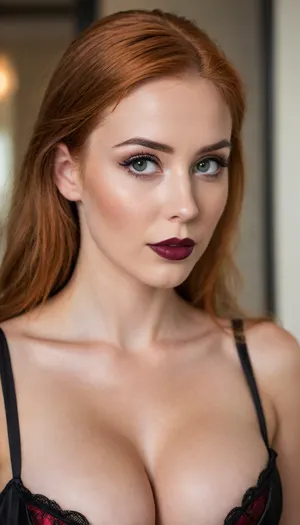 ziprealism, (30yo, intimate sensual esthetic, artistic study of feminine allure, offset composition), (seductive sensual expression, sensual eye contact, confident seductive smirk, confident pose:1.2), (f/2.8, shallow depth of field, subtle bokeh), (closeup, high angle view, view from side, shot in profile, focus on cleavage:1.8), (silky deep ginger hair with dark roots, straightened long hair, hair obscuring face, dark full eyebrows:1.4), (athletic body, sexy shelf top corset:1.4), (soft pillowed lips, moist lips, vibrant red lipstick:1.2), (natural skin texture, long thick eyelashes:1.2), (cozy bedroom), (large teardrop breasts, soft breasts, slender waist 1.4), (strong defined jawline, large expressive eyes, catchlights)