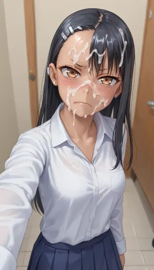 Hayase Nagatoro, Look a viewer, frown, face covered cum, cum on face, facial cum, angry expression, walking, school corridor, Model, white collared shirt, selfie