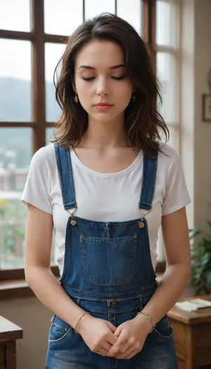 1girl, solo, overalls, closed_eyes, black_hair, window, long_hair, bracelet, jewelry, indoors, realistic, shirt, <lora:aki:1.8>, <lora:skirtLift:1.4>, <lora:add-detail-xl:2>, <lora:PerfectEyesXL:2>
