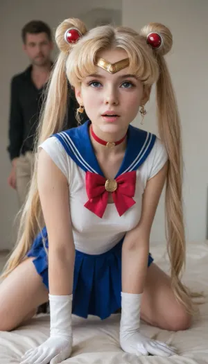 18 years blond girl in livingroom, Cosplay Sailor moon. On all fours, moon_a_xl, double, bun, twintails, long, twin, tails, blonde, parted, bangs, circlet, jewelry, earrings, choker, sailor, senshi, uniform, red, bow, white, gloves, elbow, blue, skirt, <lora:セーラームーン Sailor Moon  (Pretty Soldier Sailor Moon)_XL:.8>, <lora:kenziereeves_SDXL:.8>, flashing tits, orgasmic face, daddy fuck her Doggystyle, most orgasmic face