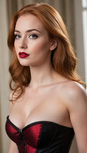 ziprealism, (30yo, intimate sensual esthetic, artistic study of feminine allure, offset composition), (seductive sensual expression, sensual eye contact, confident seductive smirk, confident pose:1.2), (f/2.8, shallow depth of field, subtle bokeh), (closeup, low angle view, view from side, shot in profile, focus on lips:1.8), (silky deep ginger hair with dark roots, straightened long hair, hair obscuring face, dark full eyebrows:1.4), (athletic body, sexy black corset top:1.4), (soft pillowed lips, moist lips, vibrant red lipstick:1.4), (natural skin texture, long thick eyelashes:1.2), (cozy bedroom), (large teardrop breasts, soft breasts:1.2), (strong defined jawline, large expressive eyes, catchlights)