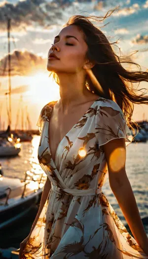 a portrait of a cute girl with a light transparent dress, eyes shut, mouth closed, long hair, wind, sky, clouds, the rising sun, sunlight, lights, lens flares effects, swirly bokeh, brush effect, (pier with vintage yachts), In style of Yoji Shinkawa, Jackson Pollock, wojtek fus, by Makoto Shinkai, (((concept art))), celestial, amazing, astonishing, wonderful, beautiful, highly detailed, centered