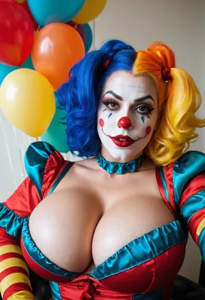 Hot milf, birthday clown titfucking hot woman, red lipstick, big boobs, big thighs, titfucking a man, man wearing colorful Clow outfit, (male clown POV), colorful balloons, birthday party, igbaddie, tvclown, harleyquinn