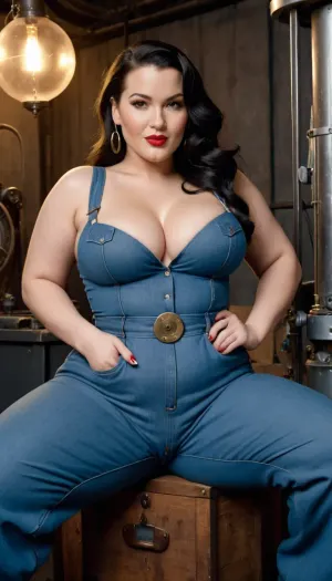 35mm film, photoshoot for Playboy, in the style of Rosie the Riveter winking, chubby woman, (plump, hourglass waist), 35 years old, pale white, long black hair, medium breasts, shaved vagina, perfect vagina, winking at the camera in a sensual denim jumpsuit, displaying her nipples, sensual, cyberpunk aesthetic, cinematic, 8k, hyper-detailed., beautypinupart, 1girl, <lora:PinupManiaXL_V1.0:.8>, godpussy, <lora:SDXL_GodPussy_v1:.8>