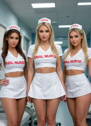 three 20, 25 years old attractive nurses with different faces in white skirts, Huge tits, and muscular body, looking at camera, best quality, High Details, Sharp focus on faces, in hospital ward, Text painted on women body in giant letters "ANAL NURSE" with red and black marker, long hair, blonde, pigtails