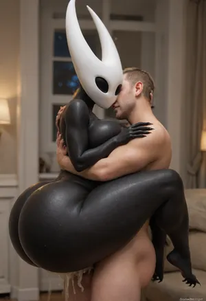 ((hornet from hollow knight, black body:1.2)), 5 fingers, anthrofied, big breasts, Big ass, Big thighs, ((())), breasts, hotel, night, claws, female, finger claws, fingers, ((carry sex, human male, male love, faceless male, side view, cum overflow, leg lock, ass expansion, cum inflation, hyper butt)), looking at viewer, <lora:add-detail-xl:1.6>