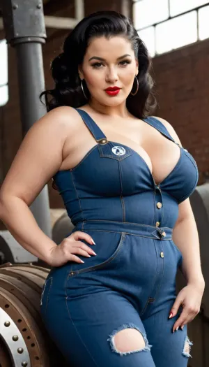 35mm film, photoshoot for Playboy, in the style of Rosie the Riveter winking, chubby woman, (plump, hourglass waist), 35 years old, pale white, long black hair, medium breasts, shaved vagina, perfect vagina, winking at the camera in a sensual denim jumpsuit, displaying her nipples, sensual, cyberpunk aesthetic, cinematic, 8k, hyper-detailed., beautypinupart, 1girl, <lora:PinupManiaXL_V1.0:.8>
