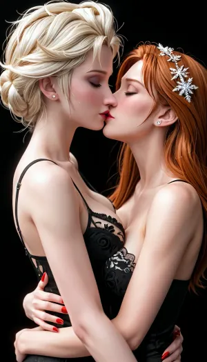 Anna and Elsa from the movie Frozen, Anna of Arendelle, Elsa of Arendelle, lesbian, sixty-nine sexual position, perfect bodies, erotic black and white lace lingerie, beautiful breasts, pressing breasts, messy wild hairystyle, closed eyes, sensual kiss, romatic kiss, gently touching face, glossy red fingernails, side view, best quality, masterpiece