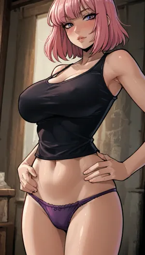 (Reiq meet markgavatino style), innv style, Milf, pink hair, (at doorframe), bimbo body, wearing black tank top off at a shoulder, and purple panties, hands on hips, flirty, (intense blushing), high contrast, (dramatic lighting:1), ratatatat74, <lora:LCMTurboMix_Euler_A_fix:1.1>, <lora:EnvyBeautyXL02:1.9>, <lora:ratatatat74-000050:1.5>, <lora:mk_Bp Anime_xl:1.7>, <lora:hentai_anime_style_xl_v1:1.8>