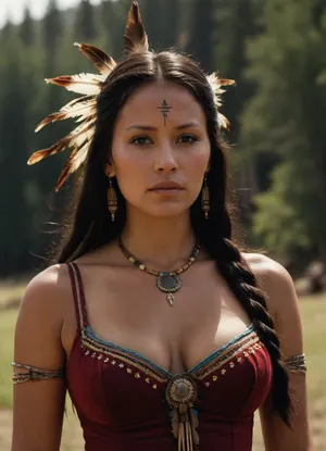 Extremely beautiful Sioux woman, 1850, busty, deep cleavage, outdoors, photorealistic, best quality, masterpiece