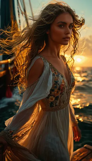 Woman with flowing hair, detailed eyes, hair bathed in the dawn sun, an incredibly detailed painting, rich bright color palette, volumetric lighting, beautiful woman, (((a very petite woman))), ((realistic dark brown eyes)), (((thin))), blonde, (very beautiful woman:1), beautiful, gorgeous, stunning, (dawn on the high seas:1.5), dressed in a very detailed transparent dress, (((dress fluttering in the wind))), woman standing on the sea wooden pier, perfect hands, perfect face, perfect eyes, ultra realistic skin, masterpiece, best quality, details, high quality, attractive woman, slim build, <lora:MJ52:.8>