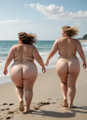 two busty plus size white woman running topless on the beach photo realistic, view from behind
