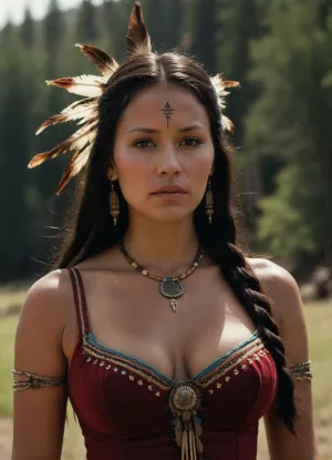 Extremely beautiful Sioux woman, 1850, busty, deep cleavage, outdoors, photorealistic, best quality, masterpiece