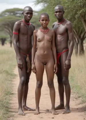 A scene in the African savannah. A young African girl and two Masai men. They are all naked. The girl stands between them, legs apart, in full sunlight. She vulgarly thrusts her hips forward, revealing her hairy pussy., (The girl is completely naked), (small pussy visible), (pubic hair visible), (clitoris visible), ., (She holds the two Masai men's long penises in her hands), . She looks at the camera with a gentle smile, (hairy pussy)