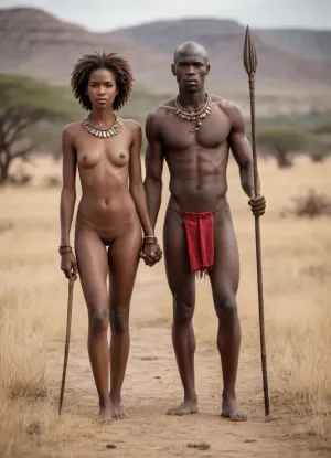 A stunning portrait of an incredibly slim, beautiful young African woman standing in the African savannah. A tall, naked Masai man stands next to her, holding her hand and a spear in the other., (The girl holds his long penis in one hand), (both are naked), .