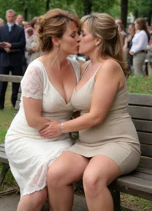 masterpiece, best quality, two very attractive, (curvaceous), (middle aged:1.6), married wives with, ((big natural tits)), sitting on a bench outside, (passionately kissing each other:1.4), one hand under the hem of the skirt, (wedding rings:1.1), french, kiss, <lora:french_kiss_xl_v1:1.3>, <lora:crowd_notrigger:1.2>