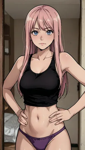 ((markgavatino style)), Melkor mancin style, Milf, pink hair, (at doorframe), bimbo body, wearing black tank top, and purple panties, hands on hips, flirty, high contrast, (dramatic lighting:1), ratatatat74, kousaka, kirino, gokou, ruri, izumi, sagiri, himemori, luna, sakura, miko, tsunomaki, watame, <lora:LCMTurboMix_Euler_A_fix:.5>, <lora:EnvyBeautyXL02:1.5>, <lora:ratatatat74-000050:1.5>, <lora:mk_Bp Anime_xl:2>, <lora:Kanzaki Hiro_XL:1.7>