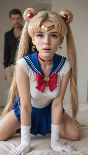 18 years blond girl in livingroom, Cosplay Sailor moon. On all fours, moon_a_xl, double, bun, twintails, long, twin, tails, blonde, parted, bangs, circlet, jewelry, earrings, choker, sailor, senshi, uniform, red, bow, white, gloves, elbow, blue, skirt, <lora:セーラームーン Sailor Moon  (Pretty Soldier Sailor Moon)_XL:.8>, <lora:kenziereeves_SDXL:.8>, flashing tits, orgasmic face, daddy fuck her Doggystyle, most orgasmic face
