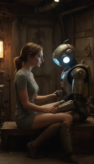 Imagine a futuristic, slightly gritty world where technology and urban decay coexist. In this setting, a charming and adorable robot, with a slightly worn and rugged appearance, is gently massaging a woman. The woman, relaxed and at ease, is seated in a cozy, secret corner of this urban space. The robot’s movements are tender and precise, adding a warm touch to the otherwise industrial environment. The scene is a mix of futuristic tech and a touch of warmth, blending the mechanical and the human in a unique, heartwarming way.
