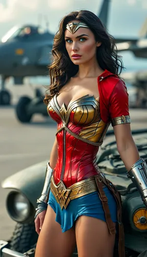 Create an image of *Wonder Woman* in her classic WWII-era costume a red, gold-breasted armor top with a prominent eagle emblem, emphasizing her enormous 36DD breasts and showing deep cleavage. Confident expression, looking at viewer with her light blue eyes. Include her golden tiara and silver bracelets. Sitting on the hood of a Jeep at a U.S. air base runway with clear blue skie., <lora:MJ52:2>, <lora:add-detail-xl:2>, <lora:BUT_SDXL_SHS:.3>