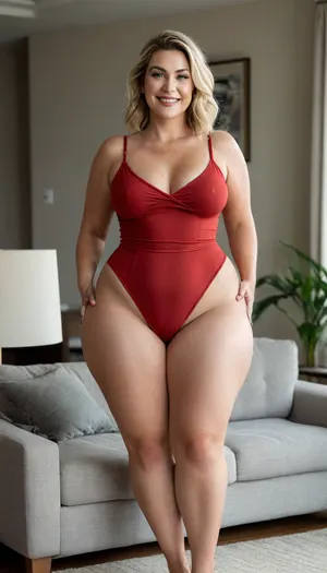 (gilf), A detailed, hyper-realistic medium shot captured from a slightly elevated perspective, (approx. 6'3"), . Jamie Smiles, a confident 38-year-old woman with a soft, curvy figure, is standing in a brightly sunlit modern living room. She leans slightly forward over the back of a couch, looking directly at the viewer with strong eye contact and a warm, playful smile. The lighting is bright, natural diffused daylight, emphasizing the knit textures and the soft contours of her body. Shot on an 85mm lens for cinematic intimacy.

Her face is full and rounded with defined cheekbones, expressive light eyes, and thick dark eyebrows. She wears subtle, polished makeup with natural lipstick. Her hair is a slightly wavy blonde bob with caramel highlights and soft roots.

Her physique is mature and body-positive, a naturally full bustline, rounded torso, wide hips, and substantial thighs that create a balanced hourglass silhouette. Her warm beige skin shows realistic texture and softness.

She wears a form-fitting red romper with thin straps and a tastefully low neckline. The smooth, stretch modal fabric has a subtle sheen, hugging her curves comfortably. Subtle ruching at the hips defines her silhouette, while the high-cut leg adds a stylish, modern touch., <lora:style_lora_realis:.8>, bottomheavy, big, ass, huge, gigantic, thick, thighs, massive, <lora:bottomheavy_v1_sdxl_LoRA:.8>, <lora:PantyPull-000005:.8>