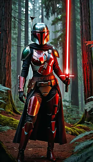 A female mandalorian, sleek revealing black armor with red details, bare skin, forest planet with space ship in the back round, wielding a red lightsaber, d&d, fantasy, highly detailed, digital painting, artstation, sharp focus, fantasy art, illustration, 8k, in the style of greg rutkowski. It's an absolute world-class masterpiece artwork. It's an aesthetically pleasing artwork with impeccable attention to detail and impressive composition.