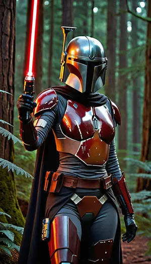 A female mandalorian, sleek revealing black armor with red details, bare skin, forest planet with space ship in the back round, wielding a red lightsaber, d&d, fantasy, highly detailed, digital painting, artstation, sharp focus, fantasy art, illustration, 8k, in the style of greg rutkowski. It's an absolute world-class masterpiece artwork. It's an aesthetically pleasing artwork with impeccable attention to detail and impressive composition.