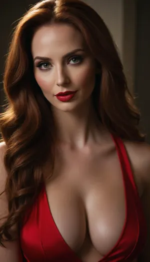 ZipRealism

An intimate portrait of beautiful young woman with long vibrant auburn hair falling in loose waves over her shoulders, dressed as a Jessica Rabbit wearing her deep cut red dress, with heavy smoky makeup and eyeshadowg.

She is smiling sensually, and her expression is seductive. The background is a light gray wall with subtle vertical stripes., close-up, (smooth skin, flawless porcelain skin), (beautiful hair, voluminous hair, luxurious hair), (huge breasts, deep cleavage), (seduction, sensual:1.4), (dramatic lighting, split lighting:1.6), High-resolution, hyperrealistic, detailed, 8k, 4k, uhd, cinematic, portrait, realistic, <lora:add-detail-xl:.4>, Stable-Yogis-Makeup-Enhancer-XL