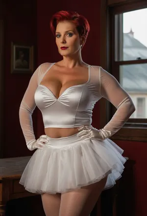 (RAW photo), 4K, best quality, realistic, photorealistic, masterpiece, extremely detailed, an extremely delicate and beautiful, dynamic, realistic anatomy, great lighting, perfect shading, professional shading, depth of field, 3/4 body view, curvy soviet mature woman, ((completely clothing)), (((outfit 02, white tutu skirt, white satin blouse, white satin gloves, transparent pantyhose, White satin panties))), ((chubby women:1.2)), (((red short undercut hair, short hair, asymmetrical hair, shaved on the side))), 40 years old, perfect face, ((sad:1.5)), ((milf:1.6)), blue eyes, makeup, red lipstick, standing in abandoned house, ((looking on viewer)), Photography, stvmccrr, style