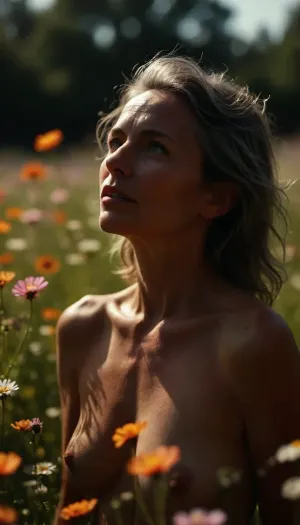 Naked mature woman in a flower meadow, <lora:MJ52:.2>, <lora:M05_Intensify:.1>