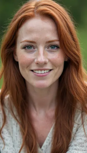 45 years old, very nice, looking into camera, sweet smile, upper body view, very long red hair, freckles, bright symetric perfect eyes