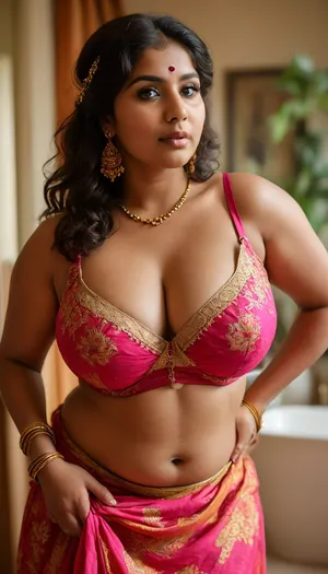 closeup candid photo, natural moment, slight camera tilt, captured mid-motion, cropped to chest, tight framing, big hips, cleavage, huge xxl boobs, thick body, ((bbw:1.4)), downblouse view, realistic Indian woman in her late 30s with deep brown skin, South Indian facial features, fuller lips, expressive almond eyes, averted gaze, bindhi, natural thick body, soft round belly, pudgy midsection, fat tummy, exposed navel, wide hips, heavy breasts, beautiful floral patterned lace trim bra, (visible nipple contour through bra:.3), pleated linen long skirt with waistband below navel, realistic fabric texture, fine stitching, heavy gold jewelry, wedding bangles, natural lighting, lifelike skin texture, henna tattoos, 1970s bathroom, leaning slightly forward, hot pink, deep orange, warm gold, amber highlights, photo realism, high detail, clean anatomy, <lora:clothed_small:.8>, <lora:Chubby BBW - XL:1.4>, <lora:MJ52:.8>, <lora:RealDownblouseXL2:.6>