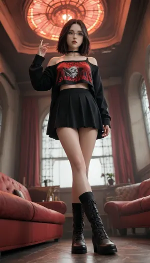 ultra high quality, semi-realistic art style, cinematic realism, hyper detailed, adult woman, full body, low angle view, long legs, elongated leg proportions, elegant silhouette, seated pose, relaxed posture, crossed legs, goth egirl aesthetic, dark fashion, pale skin, black choppy hair, blue eyes, dark smoky makeup, dark lipstick, round wire glasses, medusa lip piercing, detailed neck tattoo, black choker, oversized black graphic sweatshirt, mini skirt, ribbed thigh high socks, chunky combat boots, Groggy gaze, sharp eye contact, limp body language, submissive allure, slow confused smirk, controlled menace, private VIP room, gothic lounge interior, ornate gothic sofa, tufted black velvet sofa, candlelit side tables, dark draped curtains, stained glass accents, wrought iron decor, occult nightclub aesthetic, Spilled drink, crystal glass, blood red cocktail, condensation on glass, lounging pose, shady underground nightclub, neon lighting, dominant violet and blood red color theme, violet neon rim lighting, blood red backlighting, purple and crimson glow, foggy air, cigarette smoke, laser lights, reflective black floor, grungy walls, industrial ceiling, exposed pipes, shadowy silhouettes beyond the VIP glass, glowing bar in the distance, bottles backlit with red neon, moody backlighting, cinematic contrast, urban noir atmosphere, cyberpunk club vibe, late night setting, seductive ambient lighting, studio quality lighting, dramatic moody atmosphere, realistic skin texture, subtle subsurface light through skin, realistic fabric detail, ultra sharp focus, volumetric lighting, depth of field, soft light bloom, ray traced style reflections, neon specular highlights, sleeping, oral, anal, vaginal, penetration, tit job