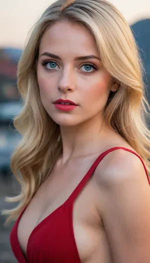 Sexy women, 25 years old, bkue eyes, blond hair, red dress