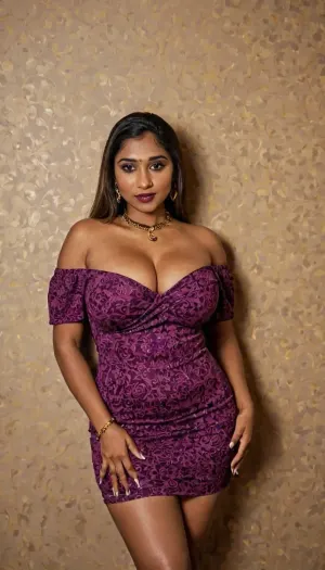 Indian sexy beautiful mature women 40 yo stylish voluptuous curvy body bbw, in a cream purple ditsy floral off shoulder mini bodycon glitter dress, thick thighs, high heels, city square, big bust, she has burgundy lipstick, elaborate black necklace big moles on cleavage.massive bust, Bracelet golden bangles, She has long hair tied in a high ponytail, seducing smirks, heart love tatto on hands, brown skin, skin, chiaroscuro, low-key, Mayra, <lora:Darker_skin_SDXL:.3>, <lora:zavy-cntrst-sdxl:.3>, <lora:Mayra-10:.1>
