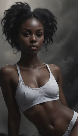 beautiful African 18 years old slutty posing pornstar with skinny figure, sexuell erregt, weiche nasse Vagina, stöhnen, Selbstbefriedigung in diversen Varianten, smile, long hair, high pigtails, bangs, (black skin:1.87), black skin, the girl is black and asian, (Black woman:1.7), (part asian:1.2), thigh gap, little white shorts, thin waist, narrow shoulders, big boobs, long skinny legs, insra mode selfie, showing her ass, melanin, (ziprealism:1.3), ultra-sharp details, realistic skin texture, refined contrast, 8k detail, authentic facial expression, clean composition, (maximum photo quality:1.4), (maximum resolution:1.5), Black, and, white, art, black, pencil, shading, charcoal, drawing, toned, paper, brutal, dark, b/w, color, scheme, cloudy, smoke, atmospheric, clouds, fog, longnips, <lora:Black and white art.V1:1.8>, <lora:Cloudy_Style:1>, <lora:longnipsxl:1.7>