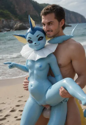 ((living inflatable, vaporeon from pokemon, blue body, smaller famale)), 5 fingers, anthro, anthrofied, beach, (), claws, female, finger claws, fingers, ((holding legs, smirk, carry sex, male love, faceless male, stomach bulge)), looking at viewer, <lora:add-detail-xl:1.5>