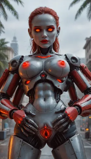 sharp focus, solo, (1robot, (Robot, robot is Terminator, Cyberdyne-101)), (1woman, 1robot), (round tits in the palm robot, girl tits in the hands of robot, robot holds the girl by the breast, groping tits, robot's palms on the girl's chest, spreading pussy, seductive modeling), (showing ass, grabbing ass), fantasy, lovely, futuristic city background, (extra robot arms:1.8), metallic red neon glowing LED nipples, metallic neon red glowing pussy, robot pussy, robot breasts, metallic neon red glowing lips, robot lips, (epic realistic:1.1), (hdr:1.1), intricate details, cinematic, detailed, (portrait), photorealistic, 4k, absurdres, ((perfect anatomy)), FemTerminatorCos, steam, fog, eerie atmosphere, ral-vlntxplzn, <lora:FemTerminatorCos_SDXL:2>, <lora:ral-vlntxplzn-sdxl:.1>, <lora:xl_more_art-full_v1:2>