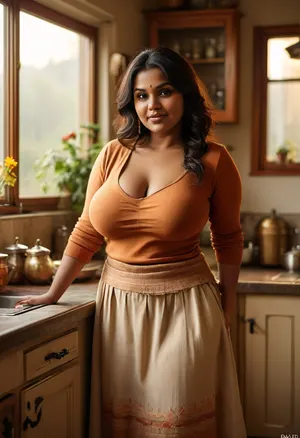 big ass, big hips, cleavage, huge boobs, pantyhose, thick body, ((bbw:1.4)), downblouse view, realistic Indian woman in her late 30s with deep brown skin, South Indian facial features, fuller lips, expressive almond eyes, bindhi, natural thick body, soft rounded belly, wide hips, heavy breasts, soft nipples bra less, natural sag and weight but fully covered, subtle outline from soft fabric, modern Indo-western outfit, ribbed knit top with subtle fabric tension, soft lightweight sweater material, natural drape, embroidered edge details, pleated linen skirt with structured waistband, warm earthy tones, realistic fabric texture, fine stitching, brass jewelry, natural lighting, lifelike skin texture, 1970s kitchen, leaning slightly forward at the counter, warm color palette, photo realism, high detail, clean anatomy, <lora:clothed_small:.8>, <lora:Chubby BBW - XL:1.4>, <lora:MJ52:.8>, <lora:RealDownblouseXL2:.6>