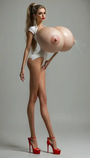 Young russian nurse adult with, (gigantic perfect round breasts:1.8), round perfect breast, ((tiny pale rose​ ​​nipples:1.3)), slim figure, wearing a nurse sexy uniform and massive cleavage, blonde ponytail, strong makeup, (((red gloss wet lipstick))), (skinny slim body, small small waist, small small tight, small ass), (small waist:1.6), many freckles on face, blonde hair, erotic stockings, long long hair, voluminous blonde hair, high ponytail, (((lactating))), full portrait, excessive and disproportioned long long legs, (((wearing decollete Laboutin shoes with thin heels and ponty toe))), ((((excessive long legs, legs long and thin:1.4)))), legs visible and long, <lora:style_lora_realis:2>, <lora:MJ52:2>